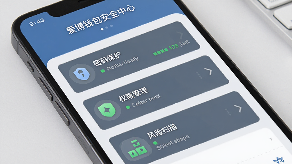 爱博钱包安全中心界面,手机屏幕展示安全检测结果页面,包含密码保护、权限管理、风险扫描三个模块的状态指示,风格沉稳专业,配色以蓝灰为主,布局清晰,画质干净