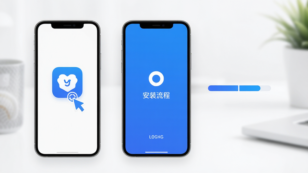 爱博钱包启动界面与安装流程示意,手机屏幕展示应用图标点击后进入加载页面的过程,旁边配有简洁的进度条元素,整体风格清爽明亮,布局居中对称,画质清晰干净