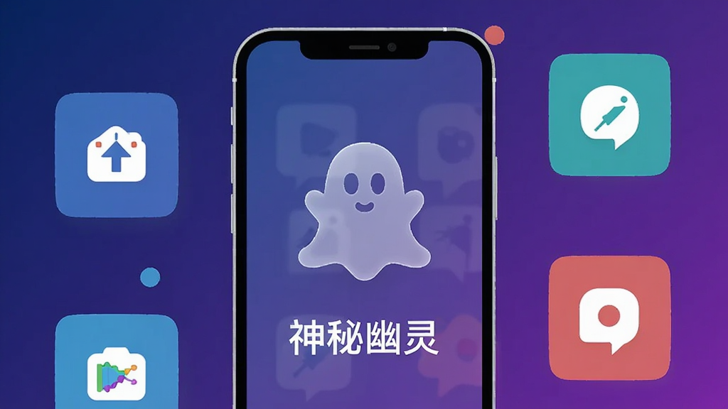 画面中央放置一部智能手机,手机屏幕上显示一个半透明的幽灵造型图标,图标下方有“神秘幽灵”四个中文字,手机周围散落着几个功能图标方块,背景为深蓝到紫色的渐变,整体风格为扁平化科技感插画,细节干净利落,画质清晰,无多余装饰元素