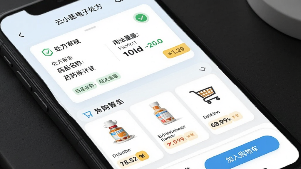 ��Сҽ������Ӵ����빺ҩҳ�棬�ֻ���Ļ�ϰ벿��չʾ��������Ƭ����ҩƷ�������÷��������°벿��ΪҩƷ�б�����빺�ﳵ��ť������Ϊ�������ʽ���棬�����ˬǳɫϵ��ϸ�ڰ���������˱�ʶ���۸��ǩ��������Ϣ�������������ɾ����޶���Ԫ��