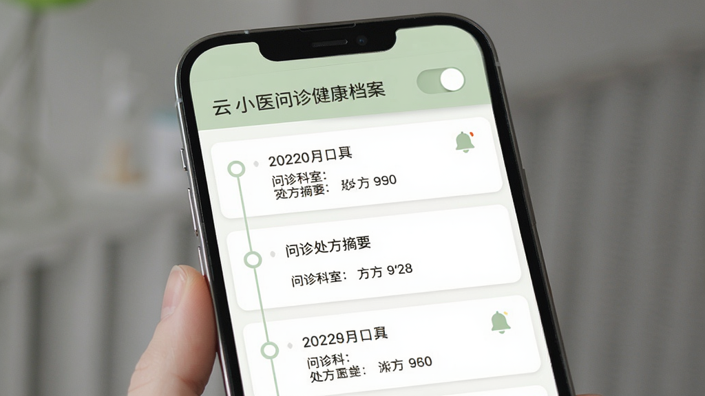 ��Сҽ���｡������ҳ�棬�ֻ���Ļչʾʱ����ʽ�Ľ�����¼�б���ÿ����¼�������ڡ�������ҡ�����ժҪ����������ҩ�������ÿ��أ�����Ϊ������Ϣ�����棬����º͵������ɫ���䣬ϸ�ڰ���ʱ����Բ�㡢��Ƭ�ָ��ߡ���������ͼ�꣬���������ɾ����޶���Ԫ��
