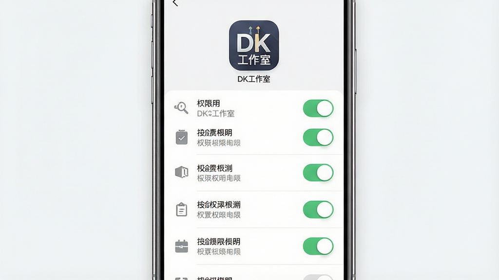 一张手机安全设置示意图,画面主体为手机屏幕显示权限管理页面,页面上方标注“DK工作室”应用图标,下方为权限开关列表,布局为纵向列表结构,风格为清爽素雅设计,配色以白色与浅灰为主,细节包含开关按钮与图标说明,画质高清,画面干净,无多余元素
