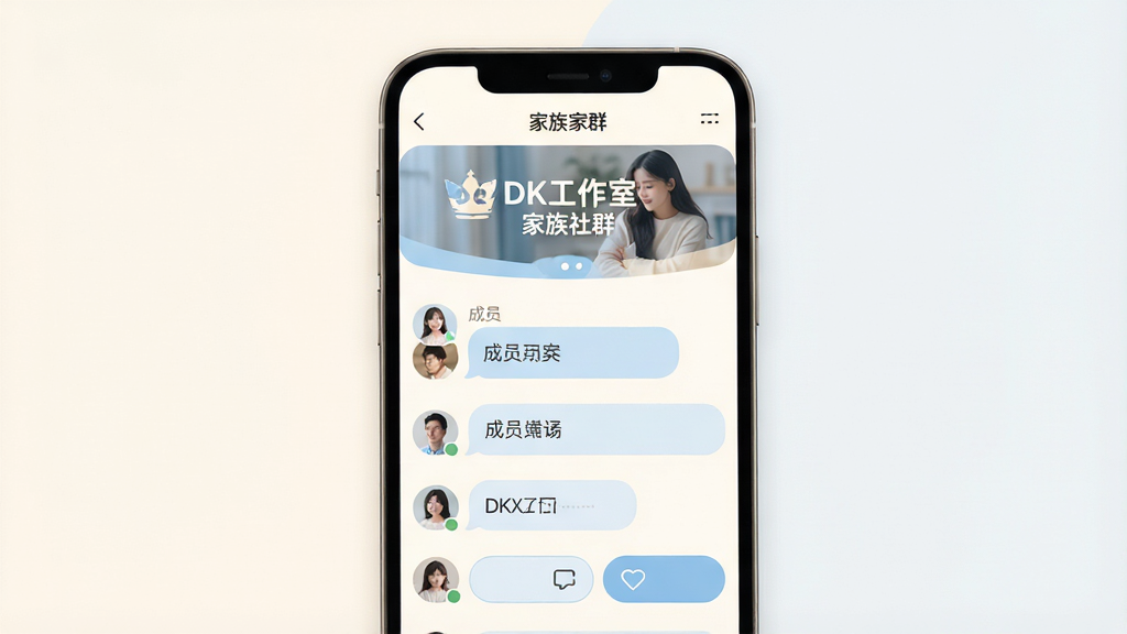 一张社群互动界面图,画面主体为一部手机,屏幕上显示“DK工作室”家族社群页面,页面上方为家族封面横幅,下方为成员发言列表与互动按钮,布局为上下结构,风格为柔和圆角设计,配色以暖白与浅蓝为主,细节包含头像圆形裁切与气泡对话框,画质高清,画面干净,无多余元素