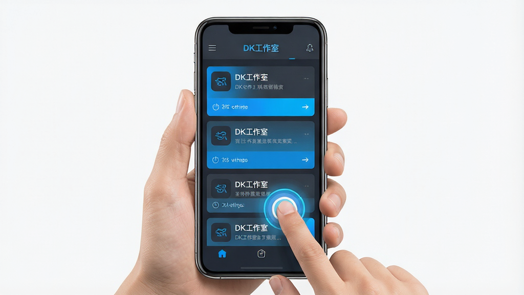 一张移动端操作示意图,画面中央为一只手握持智能手机,屏幕上显示“DK工作室”应用界面,布局为单列信息流,风格为简约商务设计,配色以深灰与亮蓝为主,细节包含手指点击动作与界面高亮反馈,画质高清,画面干净,无多余元素