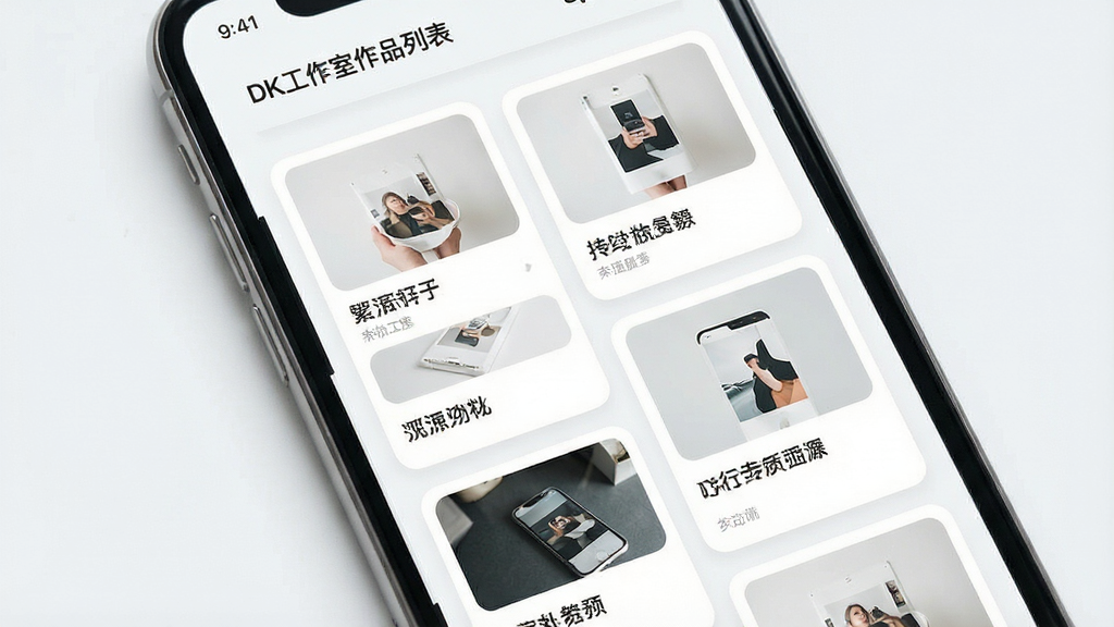 一张作品动态展示图,画面中央为手机屏幕,屏幕上显示“DK工作室”作品列表页面,布局为纵向瀑布流卡片,每张卡片包含缩略图与标题文字,风格为清新浅色设计,配色以白色与浅灰为主,细节包含卡片圆角与分隔线,画质高清,画面干净,无多余元素