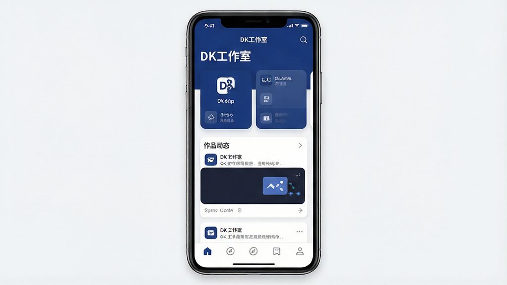 一张手机界面展示图,画面中央是一部竖屏智能手机,屏幕上显示“DK工作室”应用首页,页面顶部为软件名称“DK工作室”,中部为账号列表卡片与作品动态区域,底部为导航栏,整体布局简洁清晰,风格为现代扁平化UI设计,配色以深蓝与白色为主,细节包含卡片圆角、图标线条干净,画质高清,画面干净,无多余元素