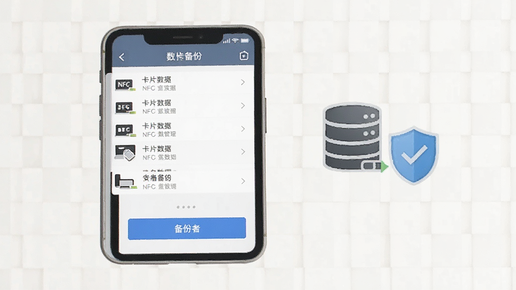 NFC Emulate卡片数据备份界面,手机屏幕显示卡片数据列表和备份按钮,旁边有数据存储图标和盾牌安全图标,背景为浅色网格纹理,整体风格简约商务,画面干净,突出数据管理主题