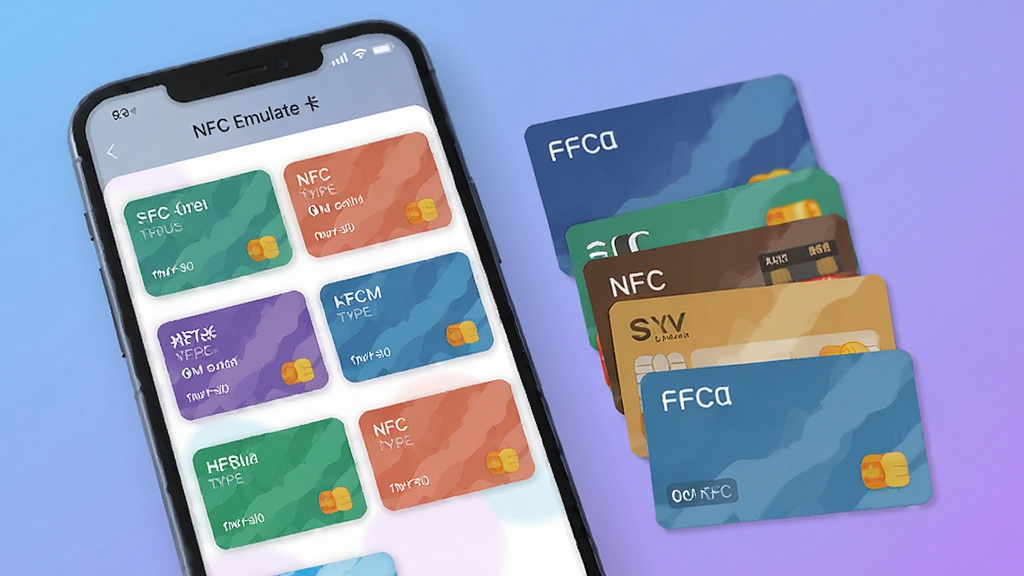 NFC Emulate虚拟卡片管理界面,屏幕上排列着多张不同颜色的虚拟卡片,每张卡片标注名称和类型,手机旁边放着几张实体卡片,整体布局整齐,采用柔和的蓝紫渐变背景,扁平化插画风格,画面清晰无杂乱元素