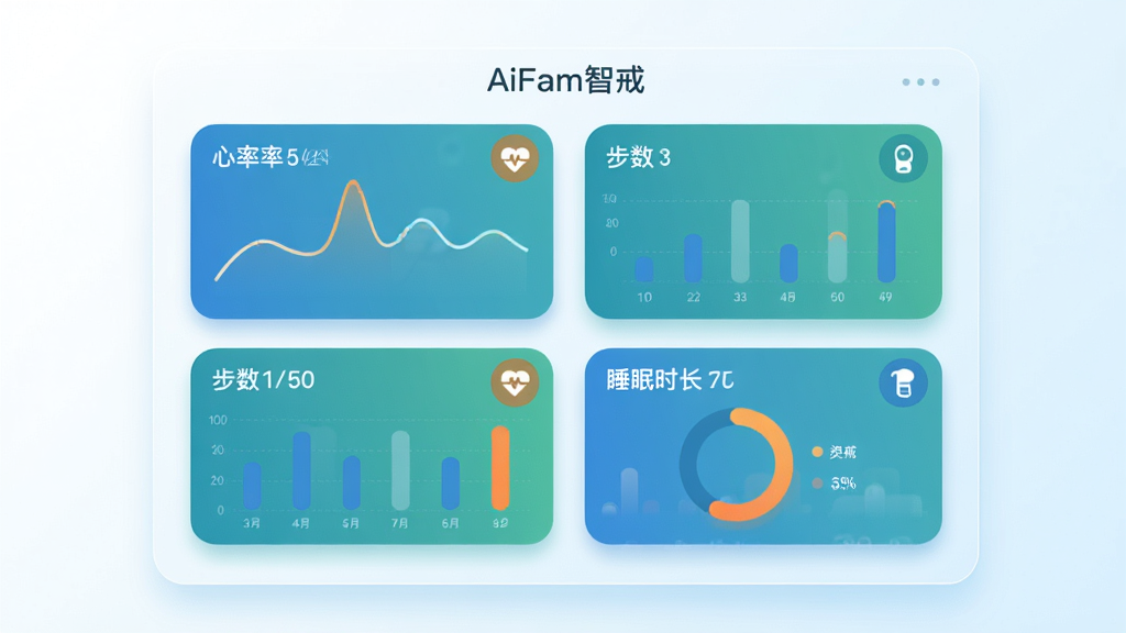 画面主体为一块悬浮的半透明数据面板,面板内以卡片形式排列心率折线图、步数柱状图与睡眠时长环形图,卡片采用圆角设计并带有轻微投影,布局为两列网格排列,风格为清爽的扁平化信息图表,配色以蓝绿为主辅以橙色点缀,细节上每个卡片右上角有小图标标识,背景为纯白到浅蓝的柔和渐变,画质干净清晰,面板顶部可出现文字“AiFam智戒”