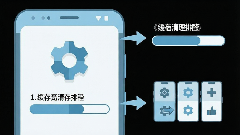 一张展示安卓手机使用技巧的示意图,画面为手机屏幕特写,屏幕上有设置齿轮图标、缓存清理进度条和快捷方式添加示意,旁边配有小箭头引导操作步骤,布局清晰有序,风格为扁平化教程插画,配色为浅蓝与白色,细节干净,画质清晰,无杂乱元素