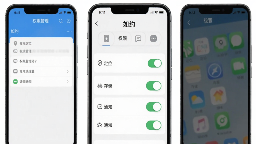 手机安全设置界面示意图,画面展示“如约”APP的权限管理页面,包含定位、存储、通知等开关选项,布局清晰,风格简洁,细节明确,画质干净,无多余元素