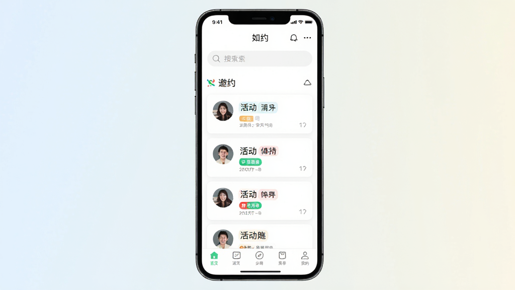 手机应用界面展示,主体为一部竖屏智能手机,屏幕中显示“如约”APP首页,页面布局包含顶部搜索栏、中部邀约卡片列表与底部导航栏,卡片上带有用户头像与活动标签;背景为浅色渐变,风格清新简约,细节清晰,画质干净,无多余元素