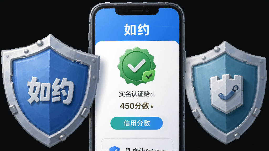 盾牌与用户认证图标组合的插画,画面中央为“如约”应用中的实名认证页面,显示绿色认证徽章与信用分数,布局居中对称,风格安全可靠,细节精致,画质干净,无多余元素