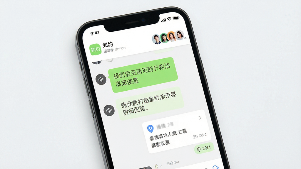 多人聊天界面展示,主体为手机屏幕内“如约”APP的群组聊天窗口,消息气泡中包含文字、语音图标与位置卡片,顶部显示活动群名称与成员头像,背景简洁,风格清爽,细节清晰,画质干净,无多余元素
