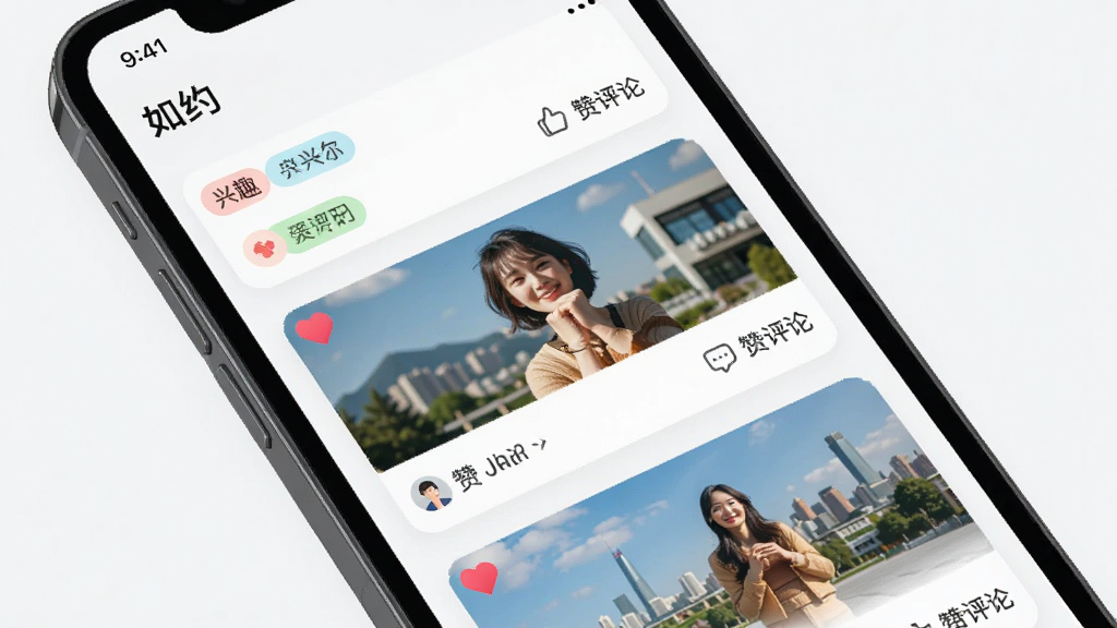 社交动态信息流界面,手机屏幕中展示“如约”APP动态广场页面,图文卡片纵向排列,卡片上带有兴趣标签与点赞评论按钮,布局规整,风格明快,细节丰富,画质清晰,无多余元素