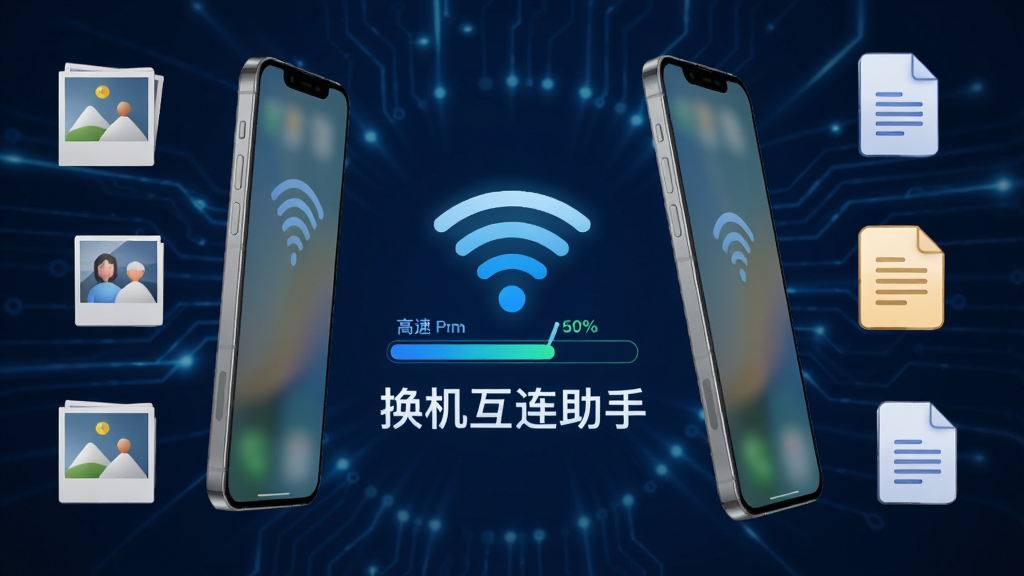 两部手机屏幕面对面悬浮,中间显示WiFi直连符号与高速传输进度条,周围环绕照片和文档图标,背景为深蓝色科技光效,画面中央有