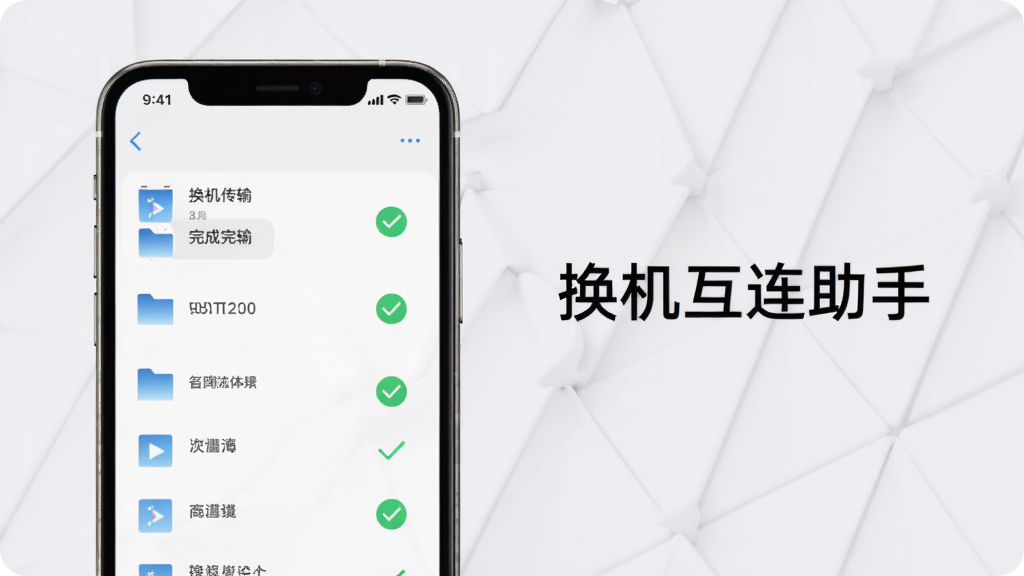 手机屏幕上显示文件传输列表与绿色对勾校验完成标识,旁边有