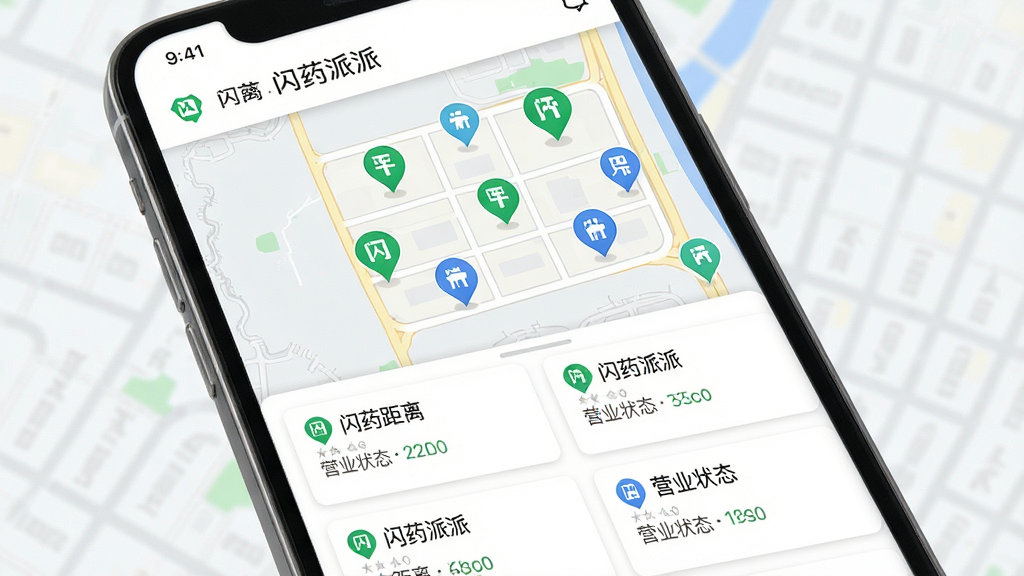 画面主体为手机屏幕显示“闪药派派”附近药房地图页面,地图上有多个药店定位标记,下方为药店列表卡片;布局为上下结构,地图占上半屏,列表占下半屏;排版清晰,标记点使用统一图标;风格为清爽地图界面,浅色底图搭配绿色和蓝色标记;细节上列表卡片显示距离与营业状态;画质高清,画面干净利落