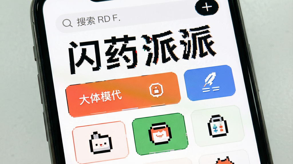 画面主体为手机界面展示“闪药派派”首页大字体模式,包含醒目的功能按钮和简洁图标;布局为网格状功能入口排列,顶部为搜索栏;排版宽松,留白充足;风格为适老化设计,高对比度配色,大号文字标签;细节上按钮带有清晰边框,图标轮廓粗实;画质清晰,画面明亮无多余装饰
