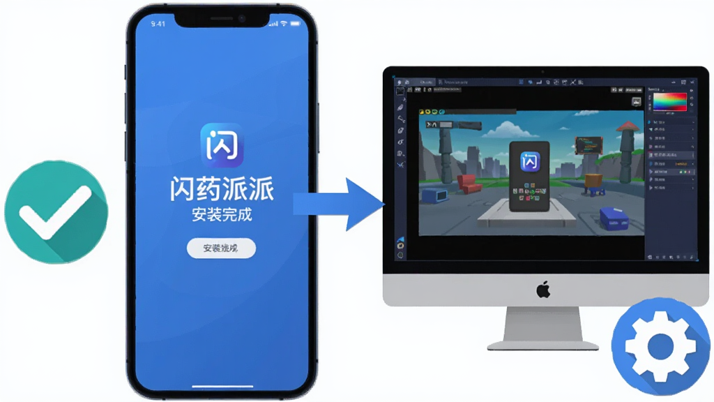画面主体为一部手机与一台电脑并排摆放,手机屏幕显示“闪药派派”安装完成界面,电脑屏幕显示模拟器运行界面;布局为左右对比构图;排版整洁,中间用箭头连接表示操作差异;风格为扁平化科技插画,蓝灰配色;细节上手机旁有对勾图标,电脑旁有设置齿轮图标;画质清晰,画面干净无杂乱元素