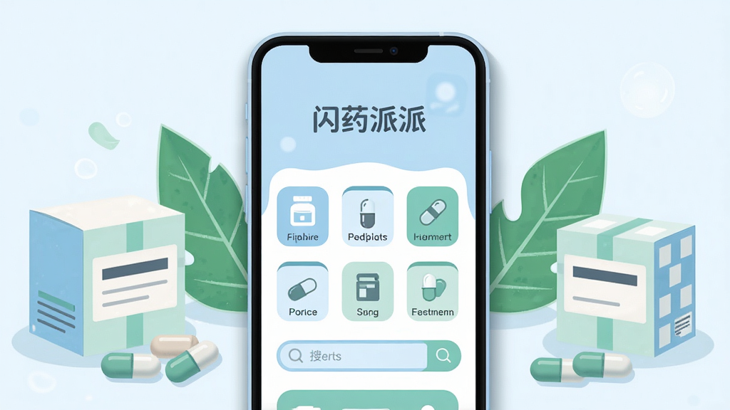 画面主体为一部竖屏智能手机,屏幕中央展示“闪药派派”应用首页界面,包含药品分类图标与搜索框;布局采用居中对称构图,手机两侧点缀药盒、胶囊与绿叶元素;排版简洁明了,上方留白放置应用名称;风格为清新扁平化插画,色彩以浅蓝、白色和薄荷绿为主;细节上手机边缘有柔和阴影,药盒标签清晰但文字简化处理;画质干净高清,无多余装饰元素