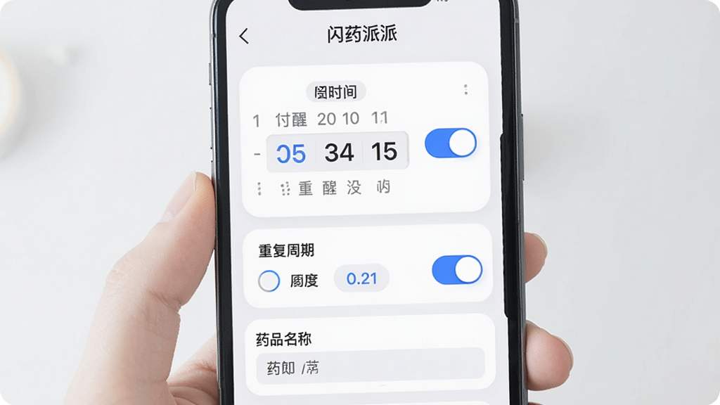 画面主体为手机界面展示“闪药派派”用药提醒设置页,包含时间选择器、重复周期选项和药品名称输入框;布局为纵向表单结构,顶部有页面标题;排版疏朗,每个设置项独立成行;风格为柔和圆角卡片式设计,背景为浅灰白色;细节上开关按钮呈蓝色激活状态,时间数字醒目;画质清晰,画面整洁无干扰元素