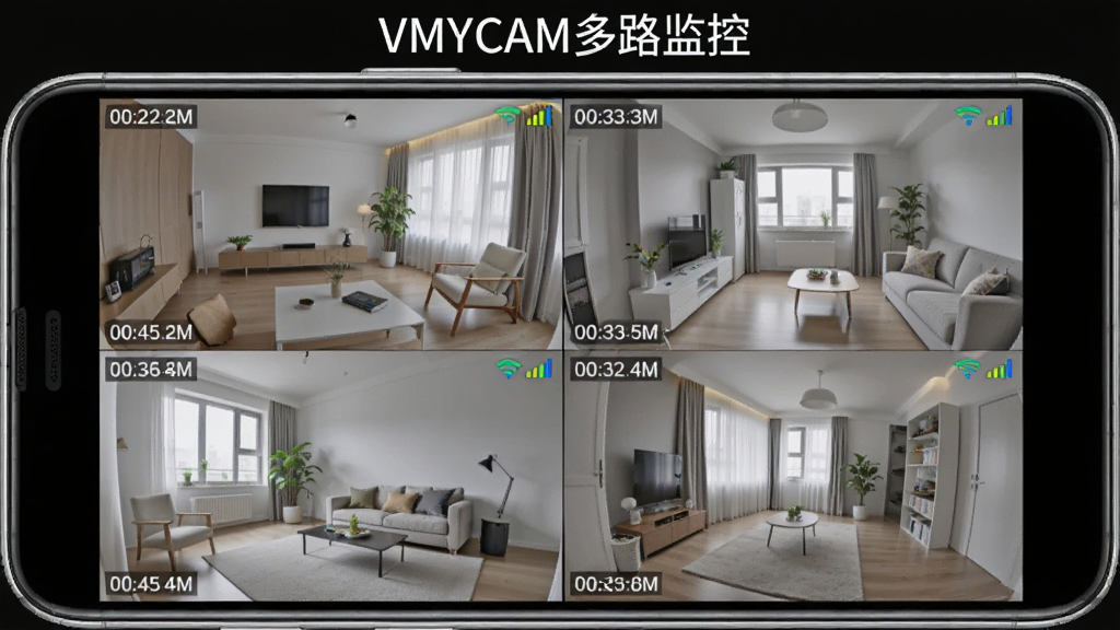 一部安卓手机横屏显示四宫格监控画面,每个格子为不同房间的实时影像,画面主体为手机与屏幕内容,布局居中对称,风格简洁现代,细节包含画面角落的时间戳与信号标识,画质清晰明亮,干净无多余元素,屏幕上方带文字“VMYCAM多路监控”