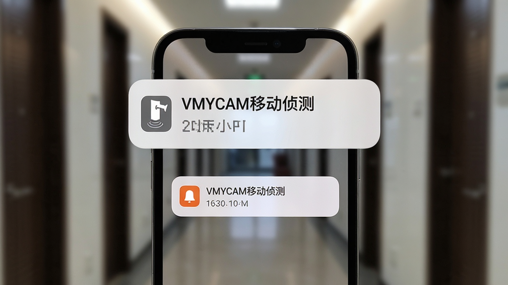 手机屏幕弹出监控报警通知卡片,背景为虚化的室内走廊画面,画面主体为手机与通知弹窗,布局上手机居中、通知卡片悬浮于屏幕上方,风格写实生活化,细节包含通知图标与时间信息,画质高清,干净无多余元素,通知中带文字“VMYCAM移动侦测”