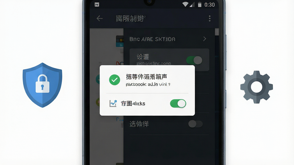 一张展示安卓手机游戏容器工具新手设置界面的示意图,画面主体是手机屏幕内显示权限授予弹窗与存储路径选择面板,旁边有盾牌安全图标与齿轮图标,布局为居中构图,排版清晰,风格为现代扁平科技风,细节包含绿色勾选标记、权限开关、深色背景,画质高清,画面干净,无多余元素