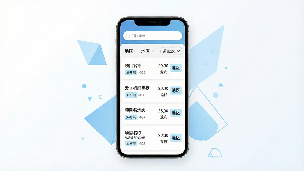 一张手机应用界面展示图,画面中央是一部竖屏智能手机,屏幕上显示招投标信息列表页面,顶部有搜索框和地区筛选栏,列表项包含项目名称、发布时间和地区标签,手机周围以简洁的浅蓝色几何图形点缀,背景为干净的白色渐变,整体风格现代商务,细节清晰,画质高清,画面干净无多余元素