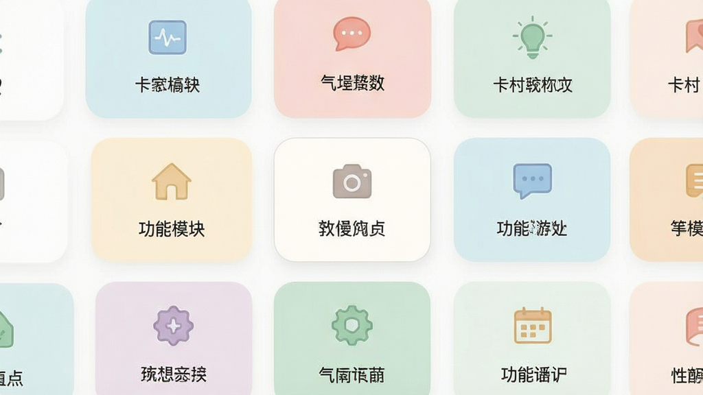 一张展示卡村软件卡片式功能模块界面的示意图,画面中多个圆角卡片整齐排列,每个卡片内配有简洁图标和功能名称,整体风格清新简约,配色柔和,画质干净清晰