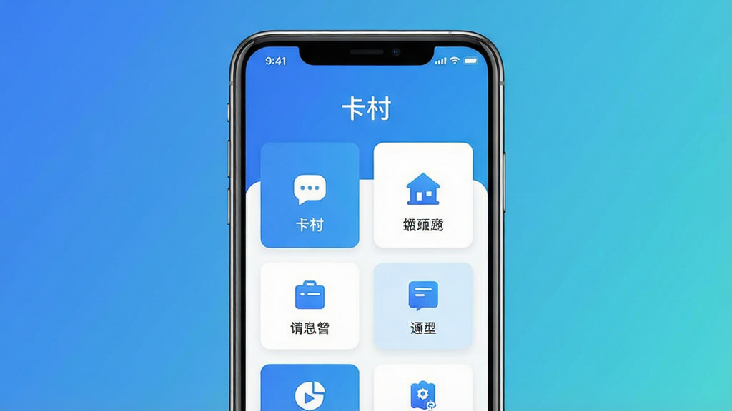 一张展示卡村软件主界面的手机屏幕预览图,画面中央为简洁卡片式布局的应用首页,顶部显示软件名称“卡村”,下方排列多个功能入口图标,整体采用蓝白配色,风格清爽现代,背景为纯色渐变,画质清晰干净,无多余元素