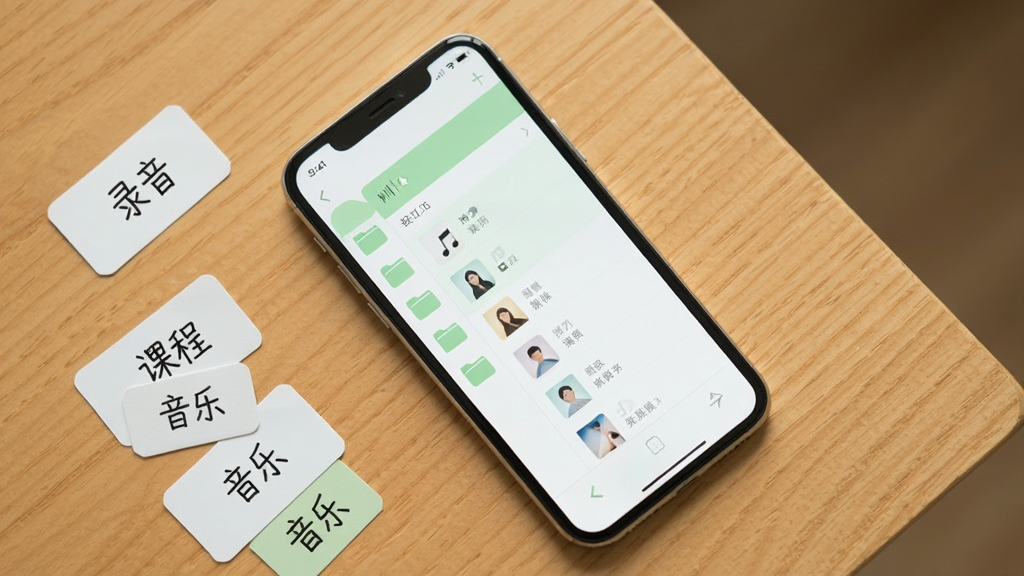 一部手机平放在木桌上,屏幕中显示按文件夹分类的音频列表,左侧是文件夹图标,右侧是歌曲条目,界面以白色和浅绿色为主;手机旁边散落几张标注“录音”“课程”“音乐”的标签卡片;俯视视角,清新简约风格,光线柔和,画质干净,无多余元素