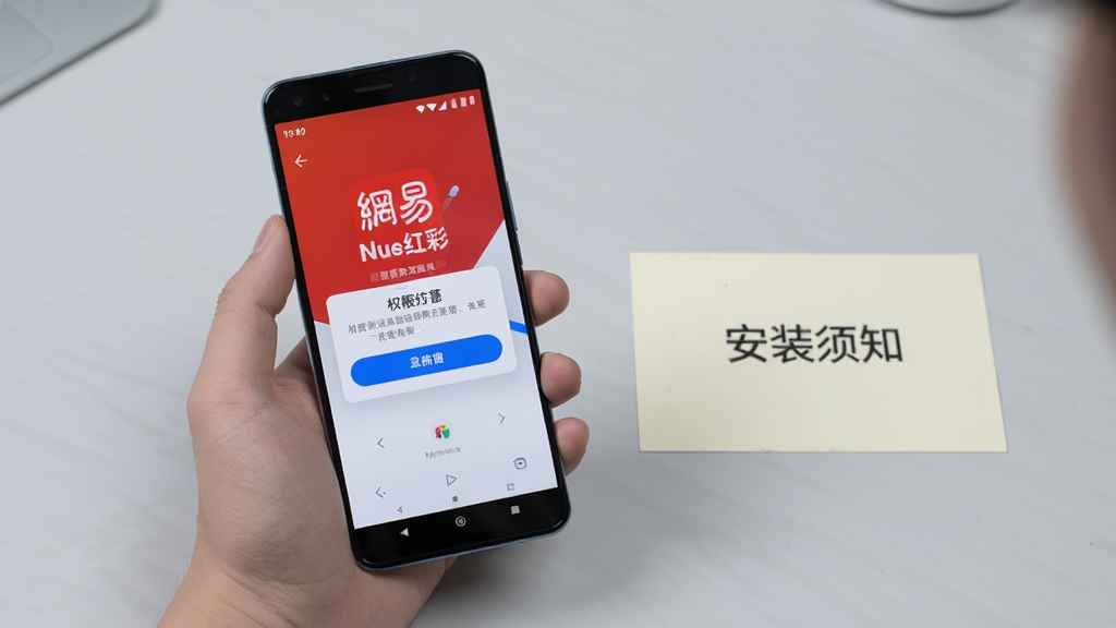 画面主体为一双手持握安卓手机,屏幕显示网易红彩应用启动画面与权限请求弹窗,手机旁边放置一张写有“安装须知”字样的浅色提示卡片;背景为简洁的浅灰桌面,光线柔和;风格为教程类场景展示,配色以白、蓝、浅灰为主;细节上突出弹窗按钮与提示卡片文字清晰;画质清晰,干净,无多余元素