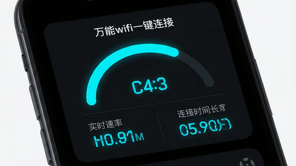 手机屏幕特写,界面顶部显示“万能wifi一键连接”的状态监测面板,包含信号强度弧形进度条、实时速率数字与连接时长计时器,背景为深色护眼模式,数据以亮青色高亮显示,整体风格为现代UI设计展示图,排版规整,画质细腻