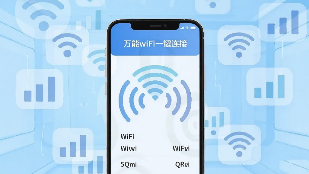 画面中央放置一部智能手机,屏幕显示“万能wifi一键连接”应用主界面,界面中呈现扇形信号波纹与周边WiFi名称列表,手机周围环绕多个半透明WiFi图标与信号格,背景为浅蓝色渐变科技感空间,整体采用扁平化插画风格,细节干净利落,画质清晰,无多余装饰元素