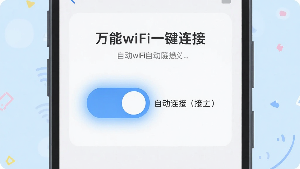 手机设置界面截图风格插画,画面展示“万能wifi一键连接”的自动连接开关面板,开关呈开启状态并带有蓝色光晕,旁边配有小字说明标签,整体布局简洁,配色清爽,风格为扁平化UI示意图,画质干净无噪点
