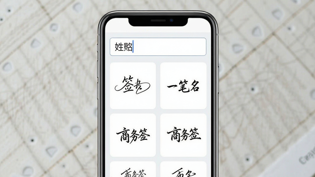 一张手机屏幕展示艺术签名生成器软件界面,画面中央是手机正视图,屏幕内显示签名设计页面,上方输入框写着中文姓名,下方排列多种艺术签名样式预览,包含连笔签、一笔签、商务签等风格,界面简洁清爽,浅色背景,扁平化UI设计风格,细节清晰,画质干净,无多余元素