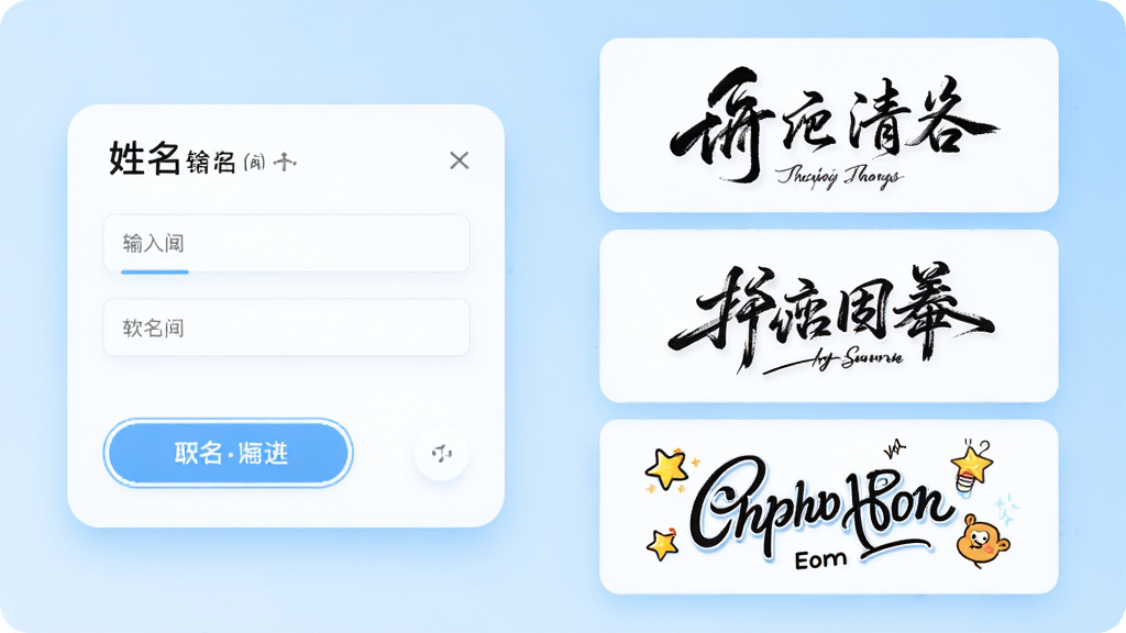 艺术签名生成器软件功能展示图,画面左侧为姓名输入区域,右侧展示生成后的多种签名效果,包含行书风格、草书风格、卡通风格,界面采用卡片式布局,背景为浅蓝色渐变,风格清新简约,细节丰富,画质清晰干净