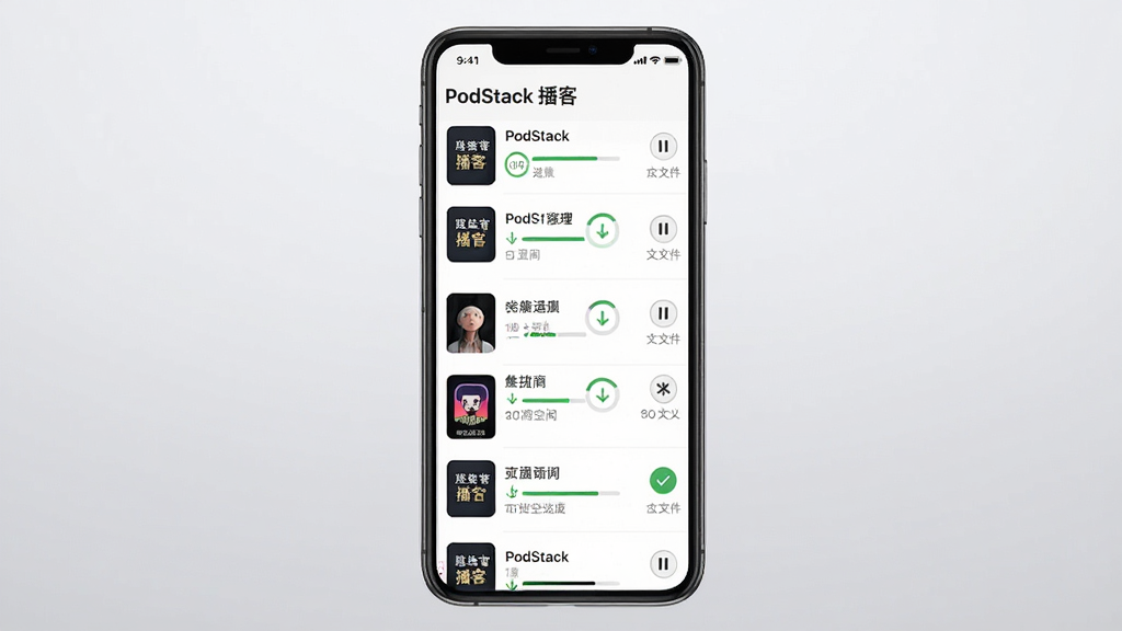 画面主体为手机屏幕展示下载管理界面,列表项包含节目封面、单集标题、进度条与文件大小;布局为手机居中、背景为浅灰渐变;排版为纵向列表、信息层级分明;风格为简约工具类UI展示风格;细节包含下载进度环、暂停按钮、已完成对勾标记、存储空间提示;画面中可出现文字“PodStack 播客”;画质高清、干净、无多余元素