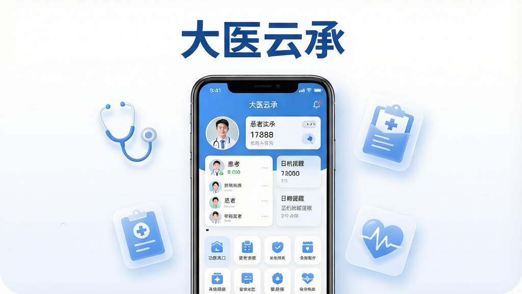 主体为一部智能手机居中放置,屏幕显示医疗健康类应用界面,包含医生头像、患者列表卡片与日程提醒模块,手机两侧悬浮半透明医疗图标如听诊器、病历夹与心电波形,布局采用上下分层结构,上方留白放置加粗标题文字“大医云承”,下方为功能入口宫格,整体风格为清爽科技蓝白配色,细节包含柔和投影与圆角卡片,画质高清干净无多余装饰元素