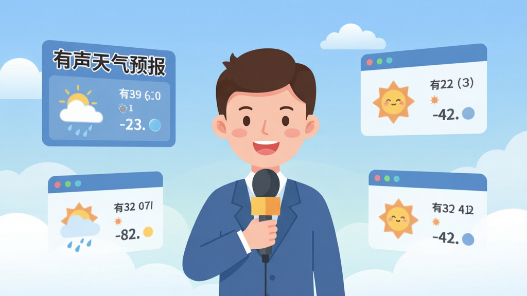 一位面带微笑的卡通播报员站在画面中央,手持麦克风,周围环绕着天气数据面板,面板上写着“有声天气预报”字样,背景是柔和的渐变蓝天空与白云,风格为清新扁平插画,人物与数据面板布局左右呼应,细节干净,画质清晰,无多余元素。