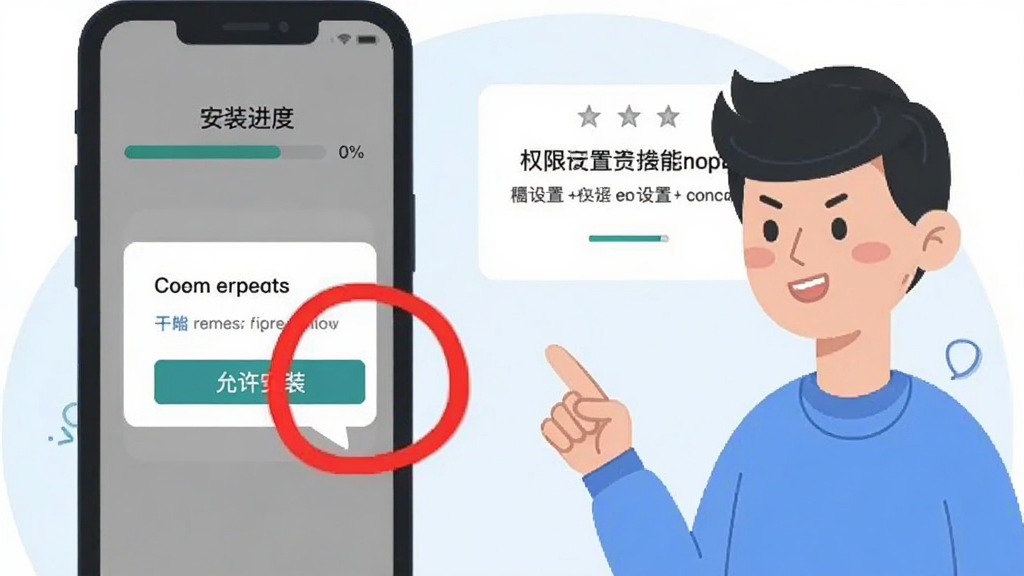 一部手机屏幕显示安装进度条与权限设置弹窗,旁边有一位卡通用户正在查看操作指引,画面中用醒目的红色圆圈标注“允许安装”按钮,整体风格为简洁扁平插画,配色清新,布局清晰,画质干净,无多余元素。