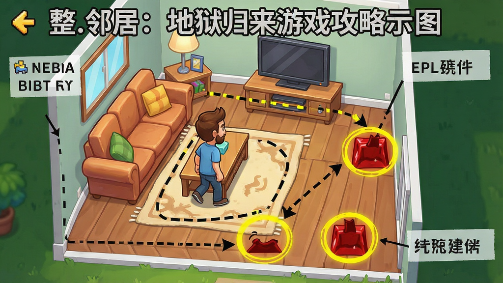 整蛊邻居:地狱归来游戏攻略示意图,画面展示客厅场景中邻居行走路线用虚线标注,陷阱位置用高亮圆圈标记,布局为游戏截图加标注说明,排版清晰直观,风格为卡通游戏攻略图风格,细节包括沙发、电视、地毯等家具元素,画质干净明亮,无多余元素