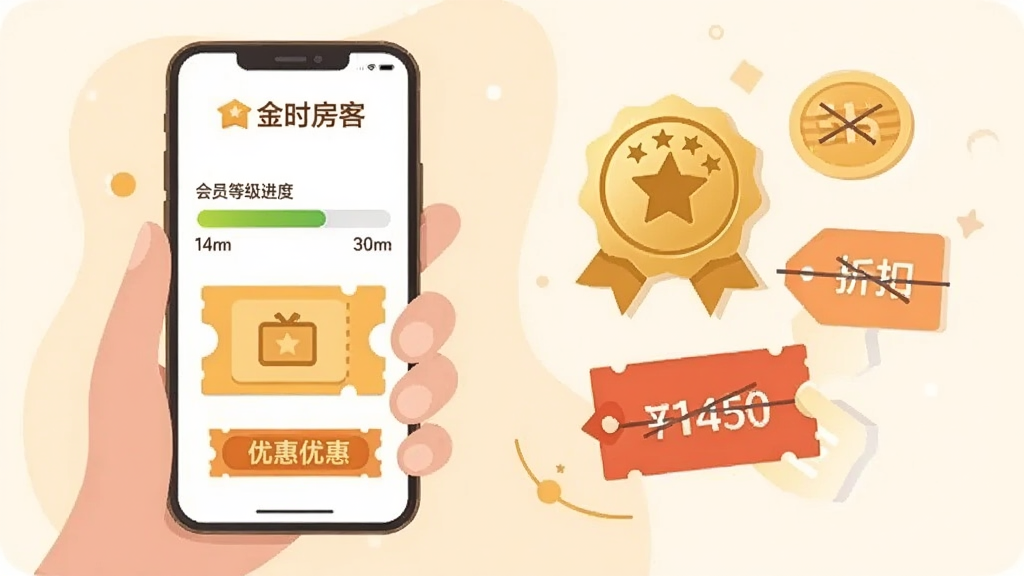 主体为一位手持手机的用户形象,手机屏幕显示会员等级进度条和优惠券图标,布局为用户位于画面左侧,右侧为积分和折扣元素漂浮,风格为温暖扁平插画,细节包括金色会员徽章和价格划线的优惠标签,画质清晰干净,画面中带有“金时房客”文字,无多余元素