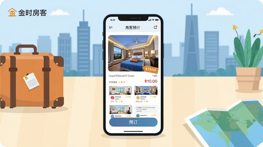 主体为一部智能手机,屏幕上显示酒店预订应用界面,界面中包含酒店图片、价格标签和预订按钮,布局为手机居中放置于浅色桌面,周围点缀旅行箱和地图元素,风格为现代扁平化插画,细节包括城市天际线背景和房源卡片,画质清晰干净,无多余元素,画面中带有“金时房客”文字标识