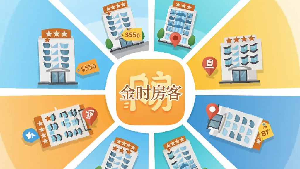 主体为多个酒店建筑图标围绕一个中心应用图标排列,布局为中心放射状构图,风格为简洁矢量插画,细节包括不同星级的酒店标识、价格标签和定位图钉,画质清晰干净,画面中央带有“金时房客”文字,无多余元素