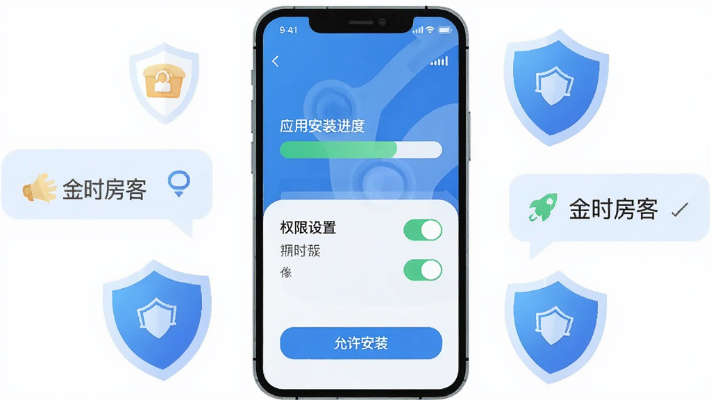 主体为一部手机屏幕显示应用安装进度条与权限设置开关,布局为手机居中,周围环绕盾牌图标和提示气泡,风格为简洁科技感插画,细节包括“允许安装”按钮和网络信号标识,画质清晰干净,画面中带有“金时房客”文字,无多余元素