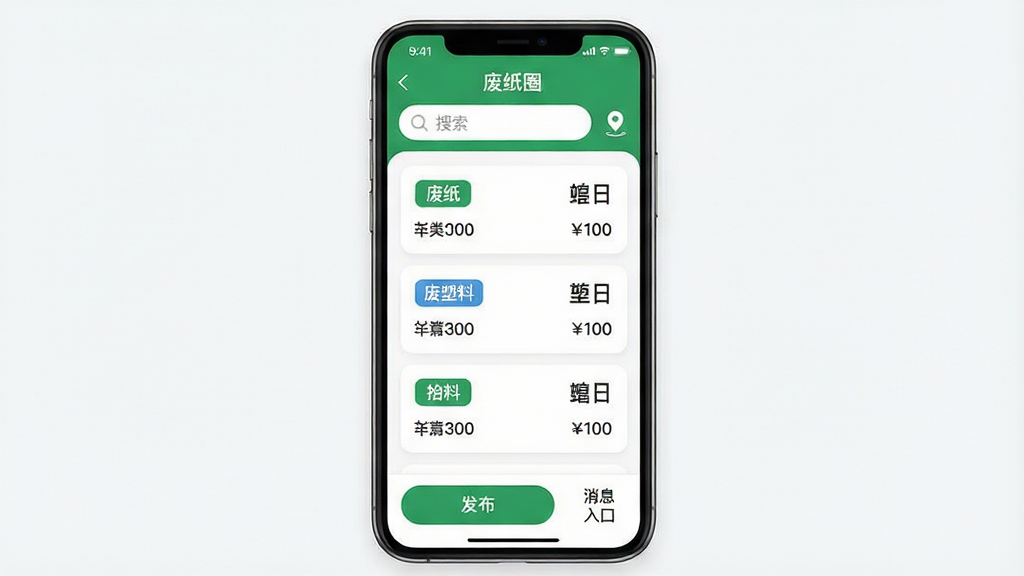 一张手机应用界面展示图,画面中央是一部竖屏智能手机,屏幕上显示“废纸圈”应用首页,页面顶部有搜索框和定位图标,中部为回收信息卡片列表,卡片上标注废纸、废塑料等分类标签与价格信息,底部为发布按钮和消息入口,整体布局清晰整洁,风格为扁平化现代UI设计,配色以绿色和白色为主,细节包括圆角卡片、简洁图标和留白间距,画质清晰,干净,无多余元素