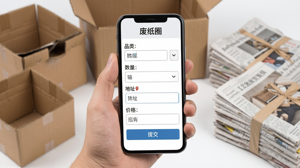 一张信息发布场景图,画面中一只手拿着手机,手机屏幕上显示“废纸圈”的信息发布表单,表单包含品类选择、数量输入、地址定位和价格填写等字段,手机周围有少量废纸箱和捆扎好的废报纸作为背景点缀,布局以手机为视觉中心,风格为写实产品展示风,细节包括表单输入框、下拉选项和提交按钮,画质清晰,干净,无多余元素